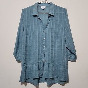 J. Jill Womens Small Shirt Pleated Plaid Button Up Blouse Peplum Blue D01-0317